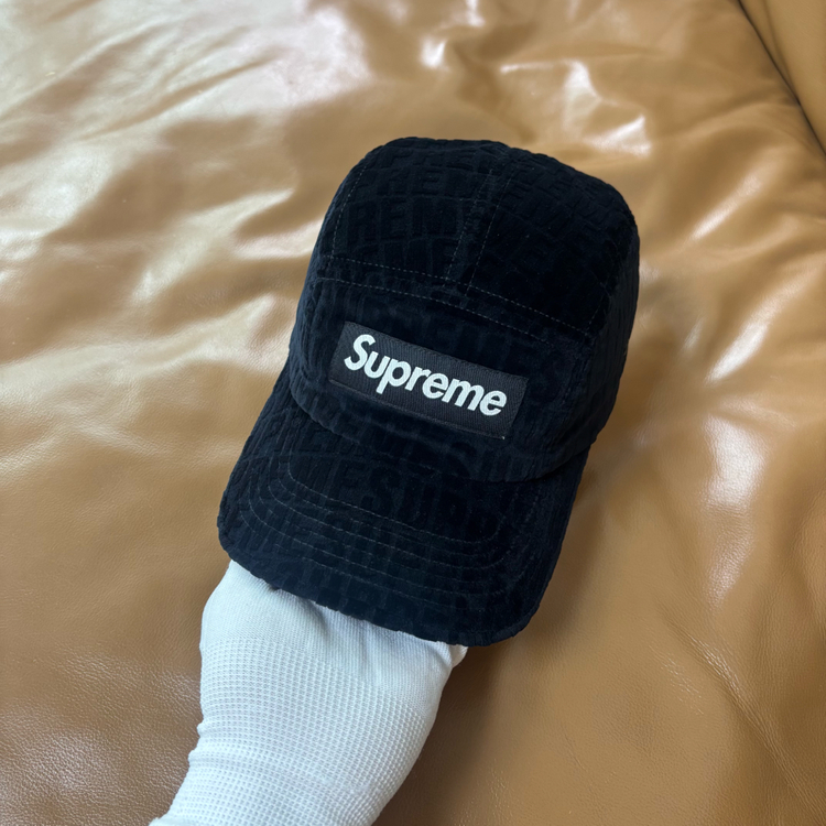 슈프림 캠프캡 모자 박스로고 자카드 벨벳 블랙 이미지