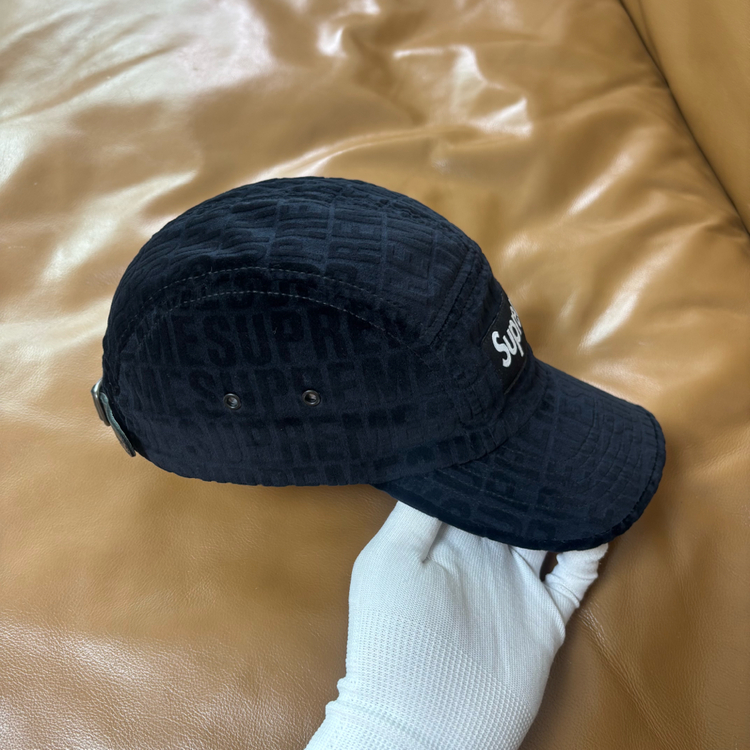 슈프림 캠프캡 모자 박스로고 자카드 벨벳 블랙 이미지