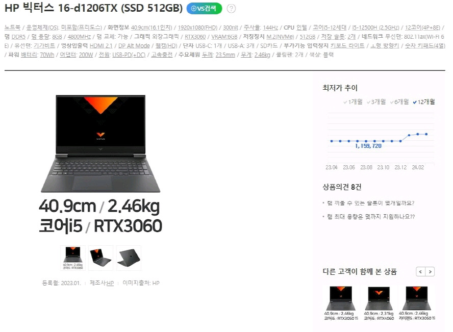 HP 12세대 DDR5 신형 빅터스 게이밍 노트북/RTX3060 이미지