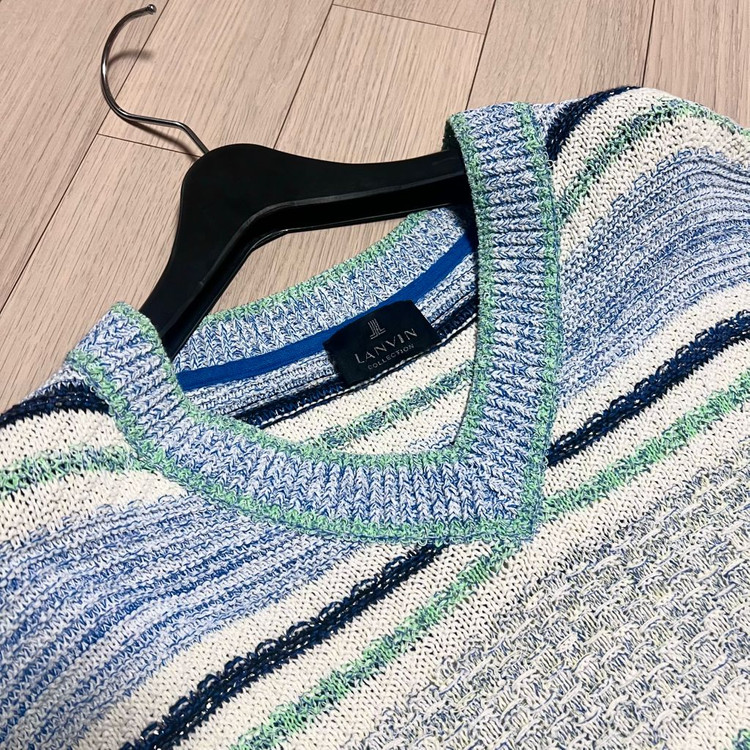 21년 한섬 랑방컬렉션 LANVIN 스트라이프 크로셰 니트 베스트 조끼 여름 브이넥 코튼 린넨 아이보리 블루 민트 이미지
