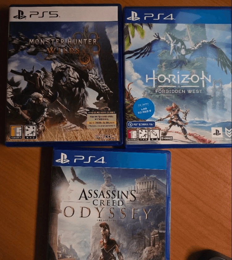 몬스터헌터 와일즈, 호라이즌 포비든웨스트, 어쌔신크리드 오디세이 PS4/PS5 게임 타이틀 3종 세트 이미지
