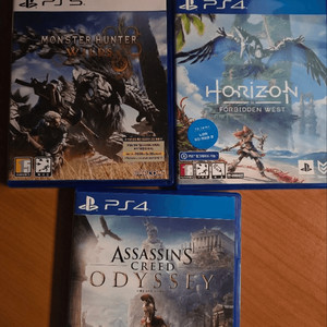 몬스터헌터 와일즈, 호라이즌 포비든웨스트, 어쌔신크리드 오디세이 PS4/PS5 게임 타이틀 3종 세트 이미지