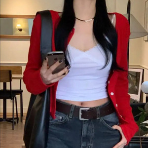 플라워 펀칭 가디건 여리여리 레드가디건 이미지