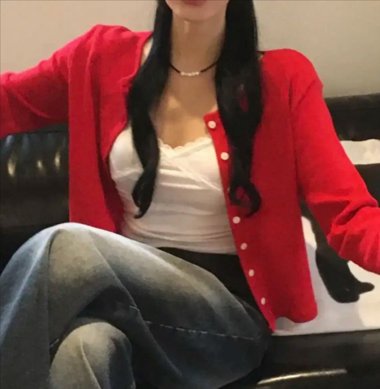 플라워 펀칭 가디건 여리여리 레드가디건 이미지