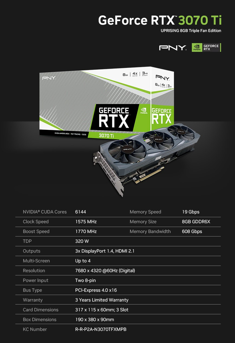 PNY RTX3070 Ti UPRISING D6X 8GB Triple 그래픽카드 이미지