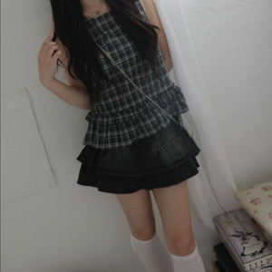 [곱창끈set] 체크 레이스 미니 프릴 캉캉 나시 블라우스 지그재그 에이블리 이미지