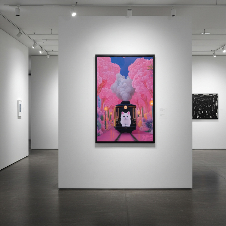 네 마음이 머무는 정차역 그림 액자 팝아트 인테리어소품 고양일러스트액자 고양이그림 핑크기차 벚꽃풍경 대형 아트포스터 이미지
