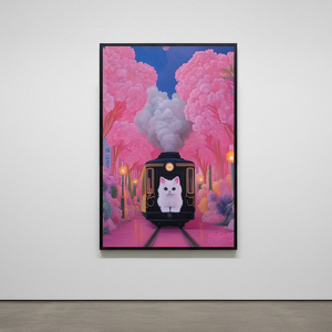 네 마음이 머무는 정차역 그림 액자 팝아트 인테리어소품 고양일러스트액자 고양이그림 핑크기차 벚꽃풍경 대형 아트포스터 이미지