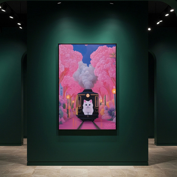 네 마음이 머무는 정차역 그림 액자 팝아트 인테리어소품 고양일러스트액자 고양이그림 핑크기차 벚꽃풍경 대형 아트포스터 이미지