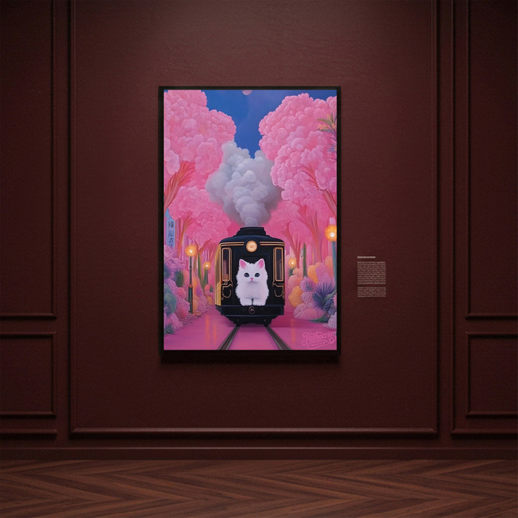 네 마음이 머무는 정차역 그림 액자 팝아트 인테리어소품 고양일러스트액자 고양이그림 핑크기차 벚꽃풍경 대형 아트포스터 이미지