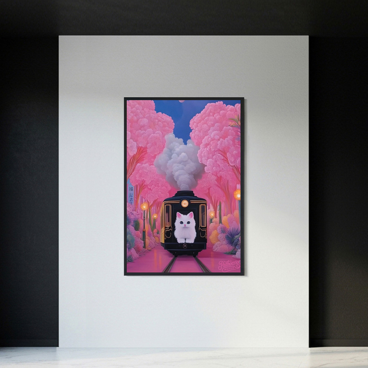 네 마음이 머무는 정차역 그림 액자 팝아트 인테리어소품 고양일러스트액자 고양이그림 핑크기차 벚꽃풍경 대형 아트포스터 이미지