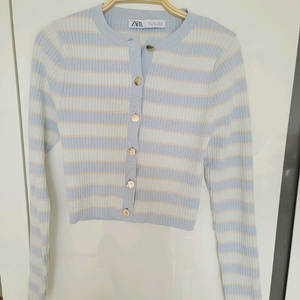 ZARA 자라 파스텔톤 스트라이프 니트 크롭 긴팔 금장버튼 가디건 M 이미지
