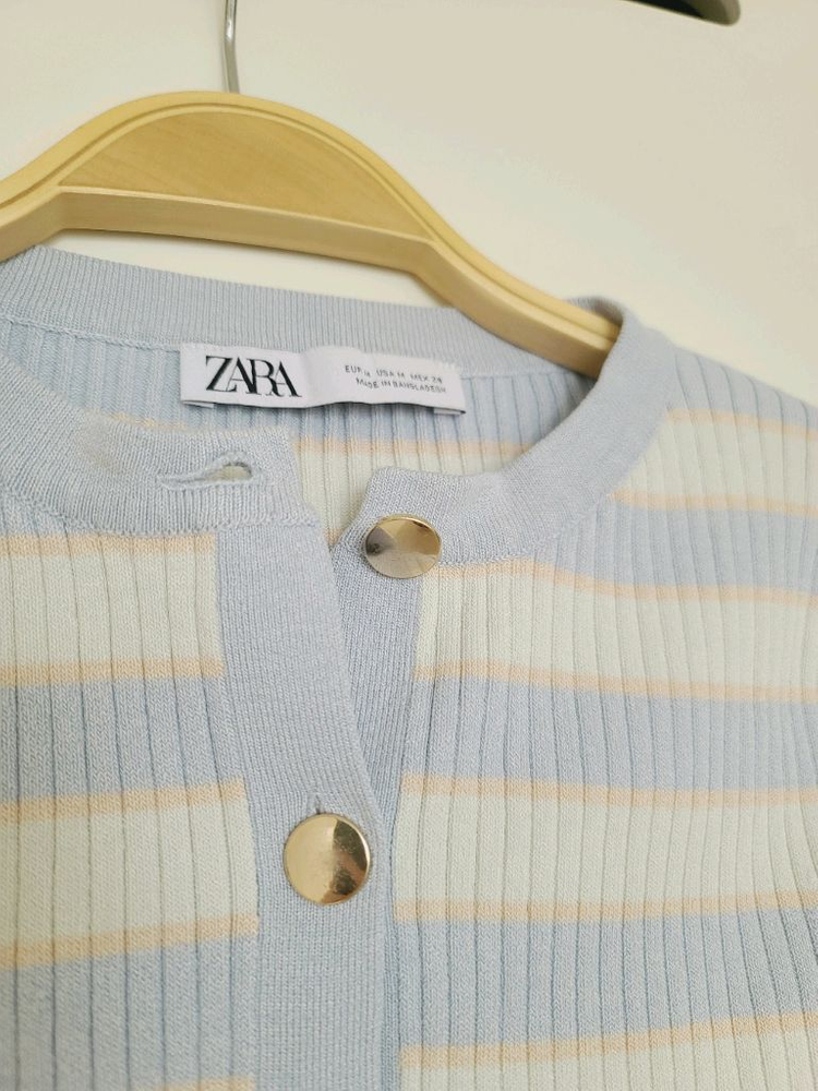 ZARA 자라 파스텔톤 스트라이프 니트 크롭 긴팔 금장버튼 가디건 M 이미지