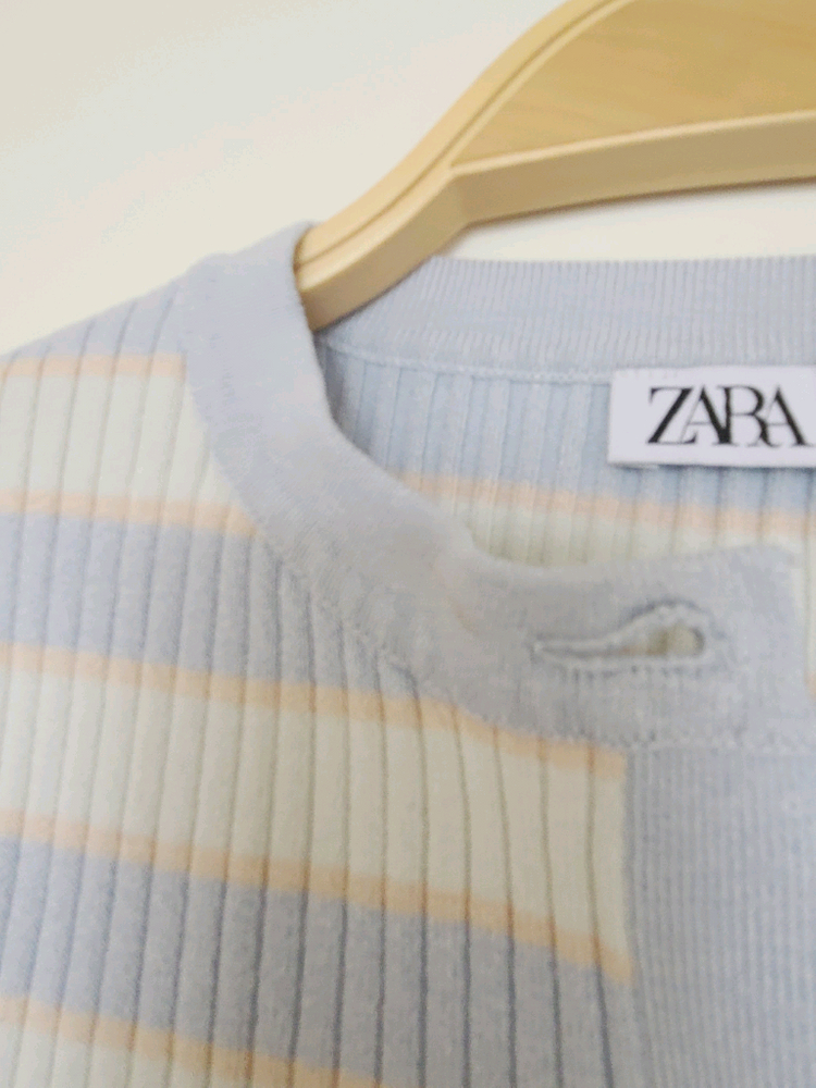 ZARA 자라 파스텔톤 스트라이프 니트 크롭 긴팔 금장버튼 가디건 M 이미지