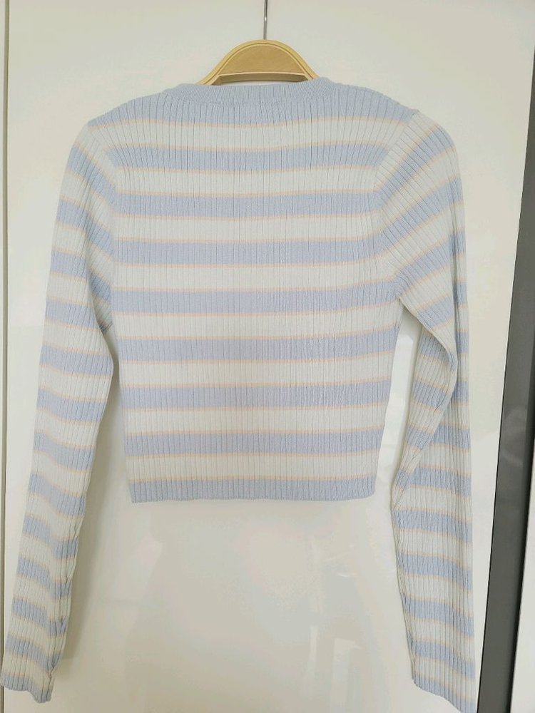 ZARA 자라 파스텔톤 스트라이프 니트 크롭 긴팔 금장버튼 가디건 M 이미지