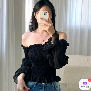 [환승연애 현지님착용] 블랙 스모크 밴딩 시스루 프릴 블라우스 이미지