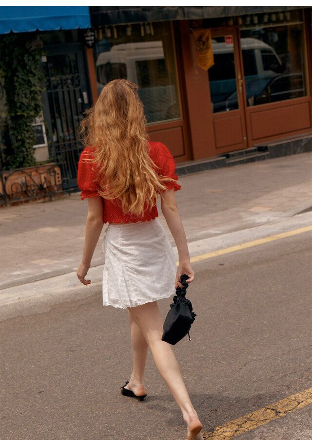 플로움 로지 크로쉐 크로셰 가디건 레드 반팔 키드모헤어 펀칭 벌룬 퍼프 이미지