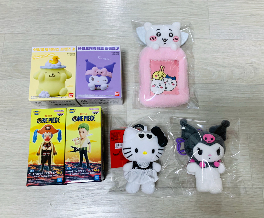 (5~7개세트가격) 산리오, 원피스, 짱구, 치이카와 캐릭터 인형 키링+피규어 3세트 이미지