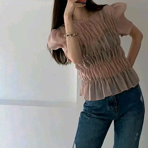 드모어 스모크 셔링 블라우스 - 핑크 이미지