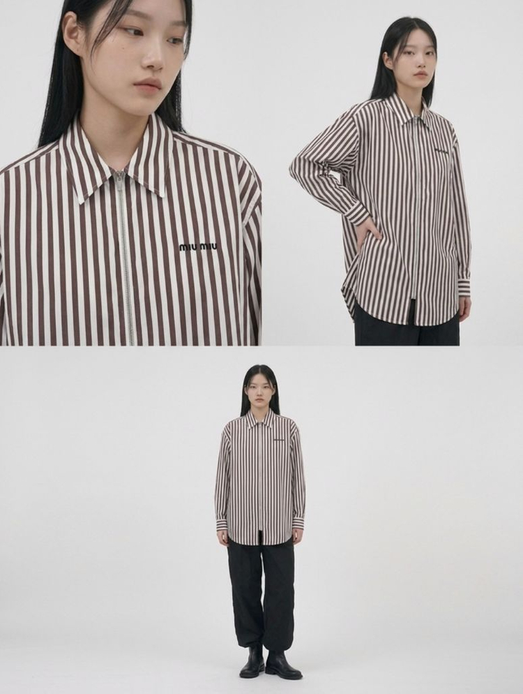 [38] 미우미우 25ss 로고 스트라이프 포플린 집업 셔츠 자켓 브라운 이미지
