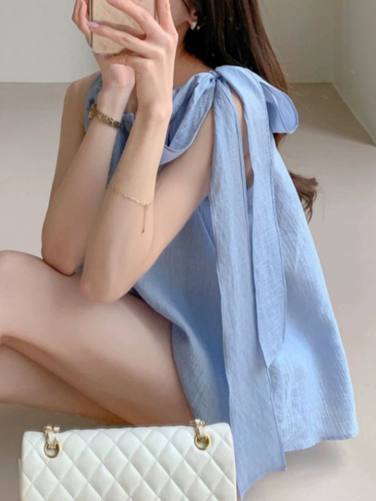 린넨 민소매 리본 블라우스 이미지