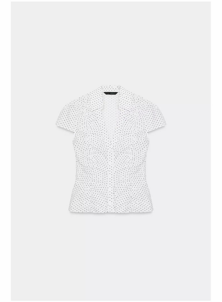 ZARA 셔링 포플린 탑 XXL (KR 99) | 화이트 도트 블라우스 반팔 셔츠 이미지