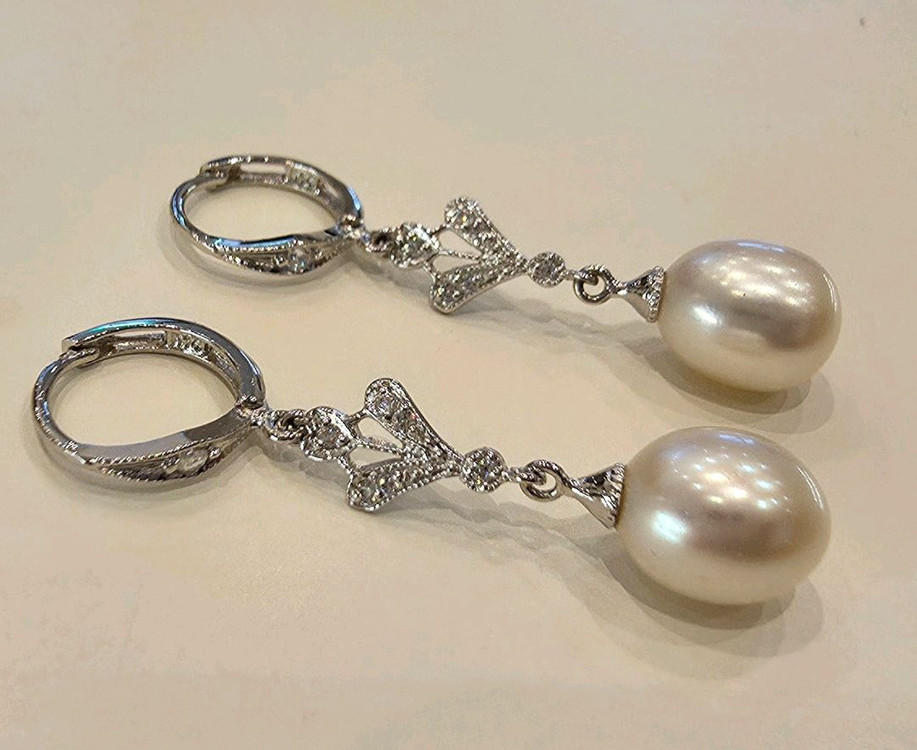 <새것> 14k화이트골드_리얼진주 하트이어링 이미지