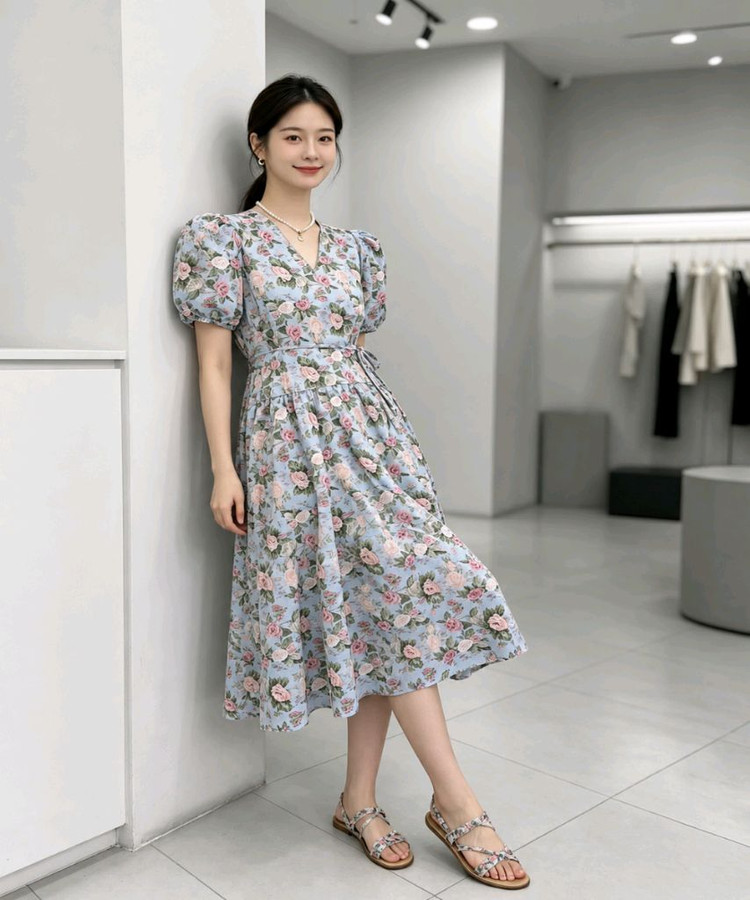 [루즈핏/허리끈세트] 장미 플라워 브이넥 퍼프 캉캉 롱 원피스ㅡ무배 이미지