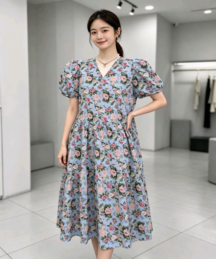[루즈핏/허리끈세트] 장미 플라워 브이넥 퍼프 캉캉 롱 원피스ㅡ무배 이미지