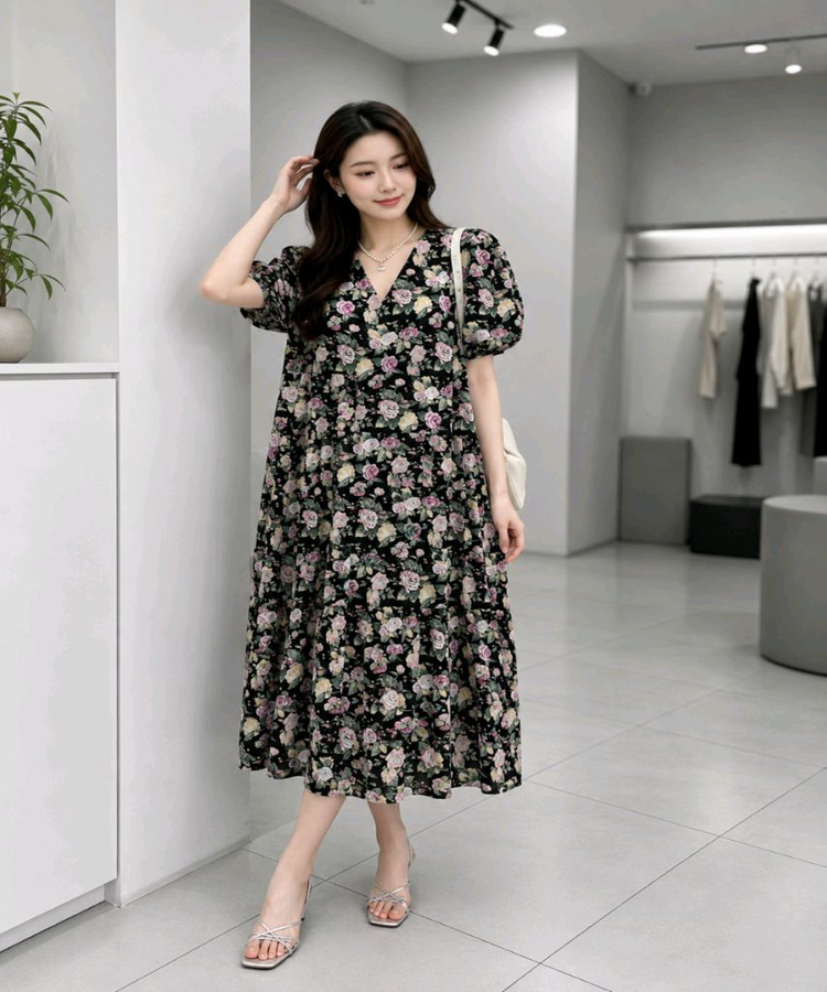 [루즈핏/허리끈세트] 장미 플라워 브이넥 퍼프 캉캉 롱 원피스ㅡ무배 이미지