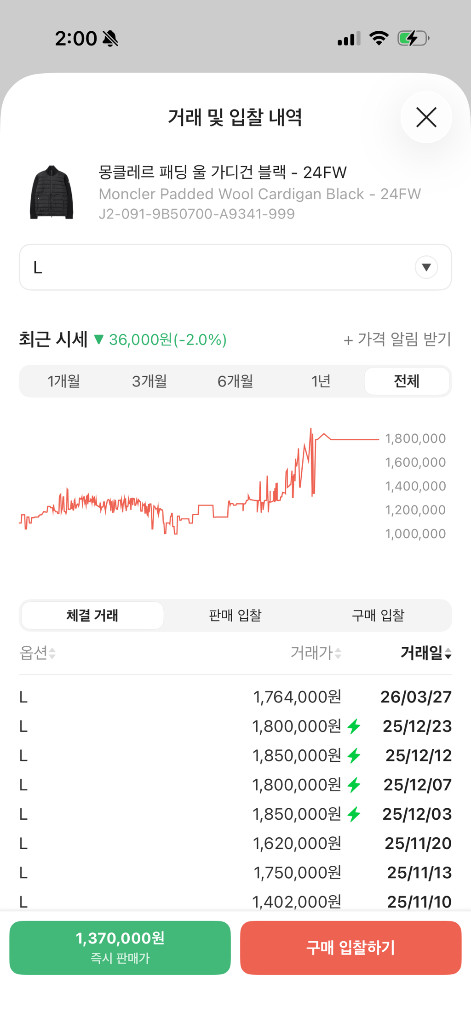 [L] 24 / 25 몽클레어 트리콧 울 가디건 니트패딩 블랙 이미지
