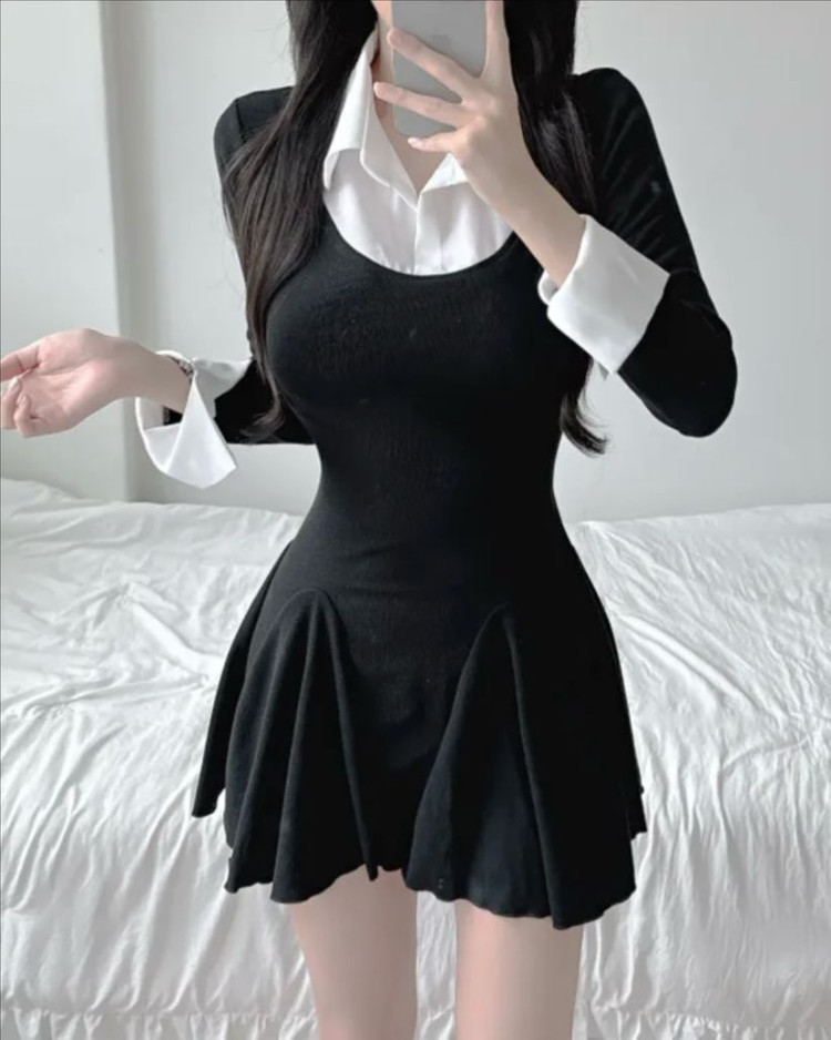 블랙 검은색 셔츠 레이어드 플레어 미니 원피스 하객룩 빈티지 에이블리 이미지