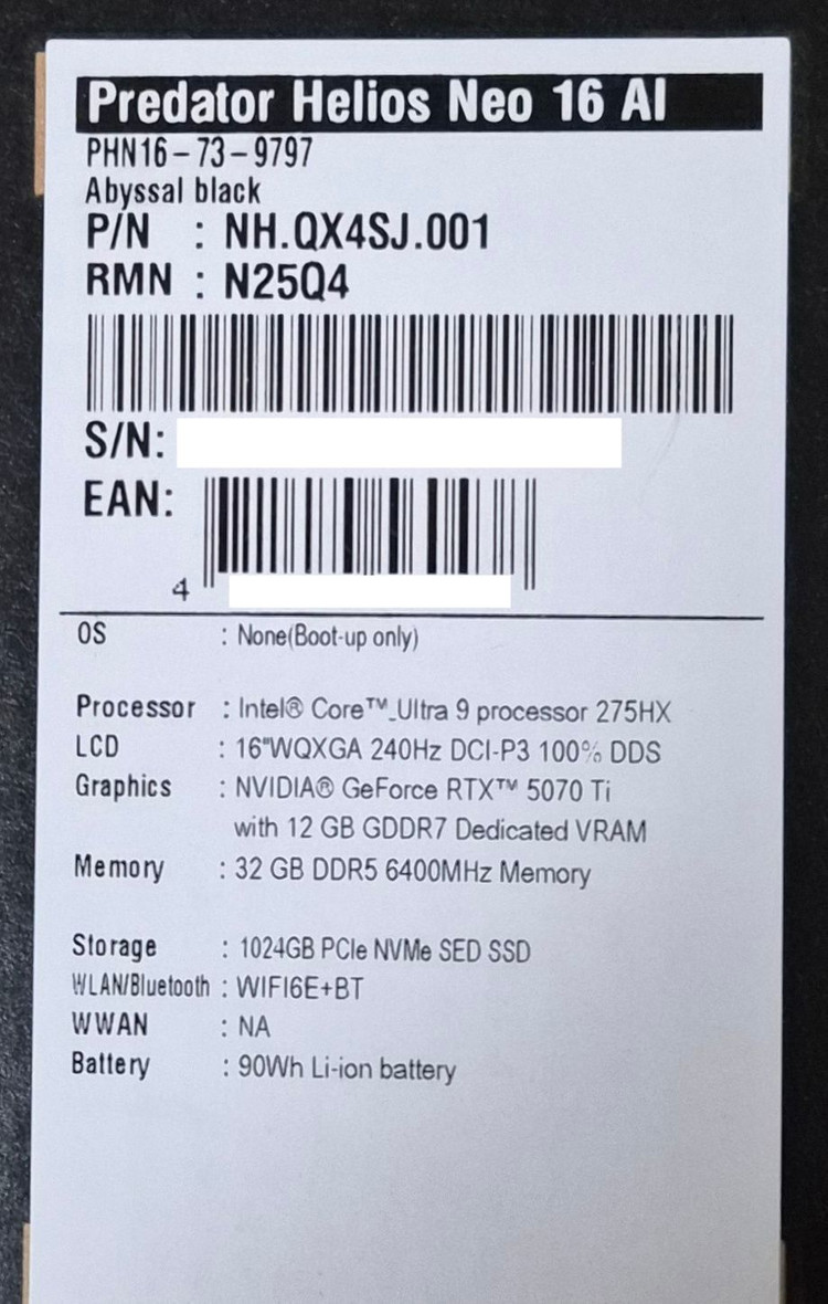 [미개봉]에이서 프레데터 헬리오스 네오 16 AI 5070Ti 게이밍노트북 판매합니다 이미지
