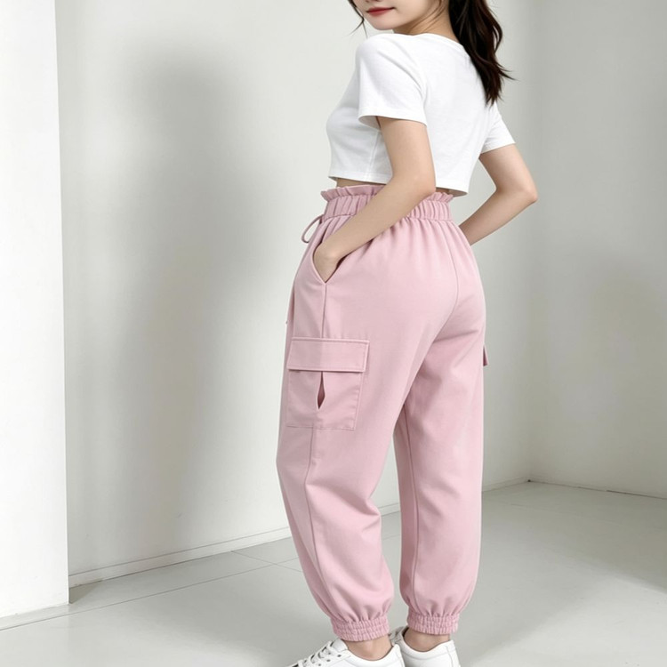 여자 하이웨스트 허리밴딩 발목 시보리 포켓 와이드 카고 조거 팬츠ㅡ무배 이미지