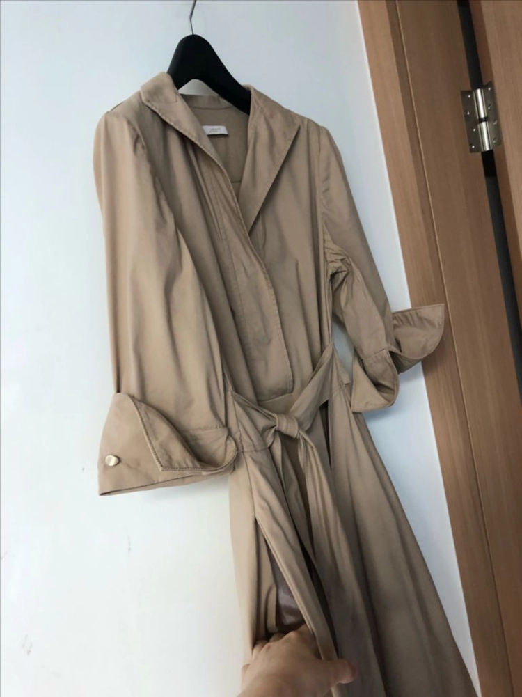 지고트 60만원대 트렌치형 셔츠 오픈카라 미디 원피스 결혼식 하객룩 베이지 햅번 플레어 이미지