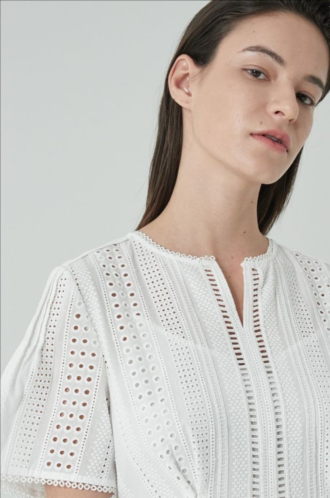 한섬 클럽모나코 CLUB MONACO 펀칭 자수 레이스 원피스 화이트 흰색 반팔 여름 셀프웨딩 브라이덜샤워 이미지