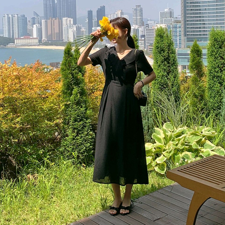 새상품) 링클소재 블랙 롱원피스 반팔원피스 하객룩 이미지