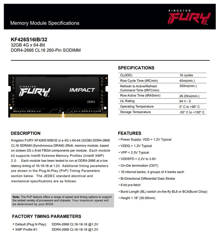 킹스톤 퓨리 노트북램 DDR4 2666 32GB 2개 64GB 이미지