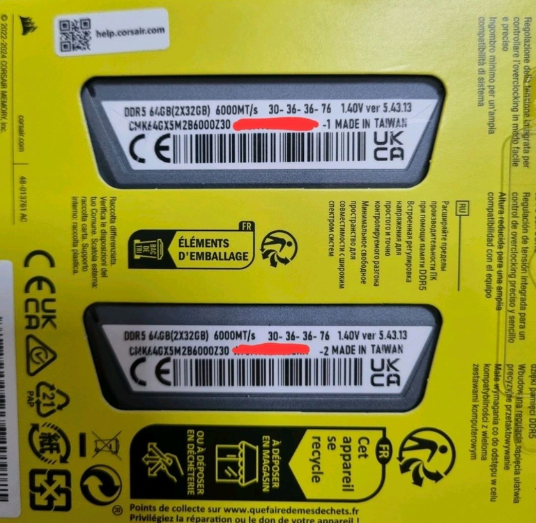 (미개봉) 커세어 DDR5 64GB 32GB 2장 6000MHz CL30 새제품 이미지