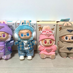 (박스,카드,옷,악세사리 포함 일괄) 팝마트 라부부 정품 하이라이트 나랑놀자 마카롱 인형 4종 세트+옷덤 이미지