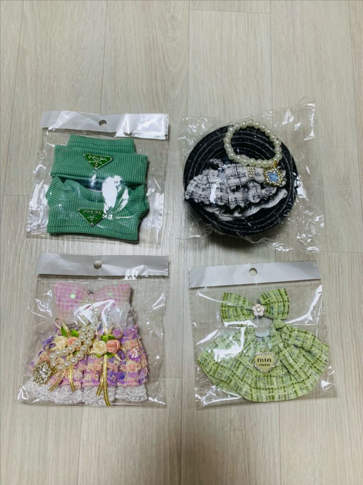 (박스,카드,옷,악세사리 포함 일괄) 팝마트 라부부 정품 하이라이트 나랑놀자 마카롱 인형 4종 세트+옷덤 이미지