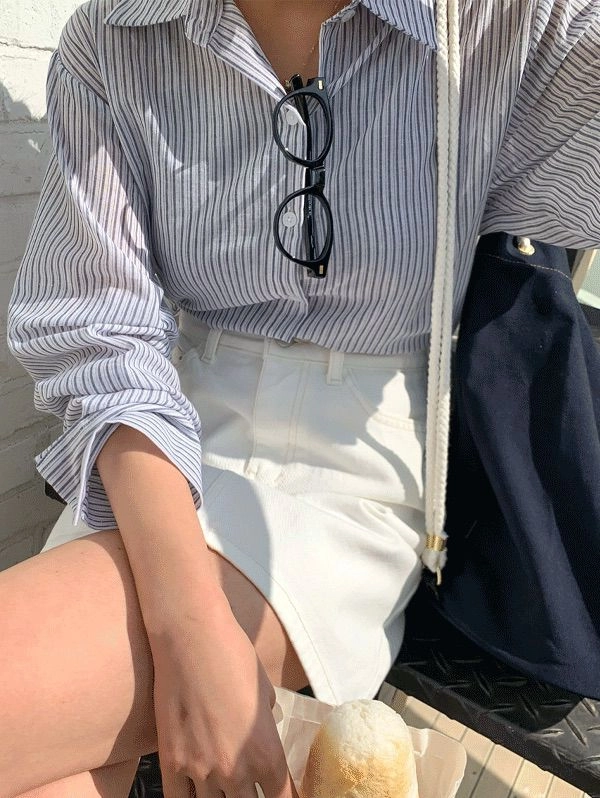 (F) 여성 스트라이프 크롭 셔츠 두번 착용 이미지