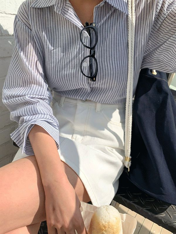 (F) 여성 스트라이프 크롭 셔츠 두번 착용 이미지