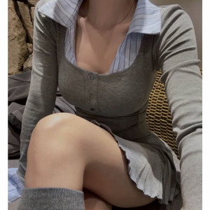 새상품) 커프스 셔츠 레이어드 원피스 에이블리 그레이 이미지