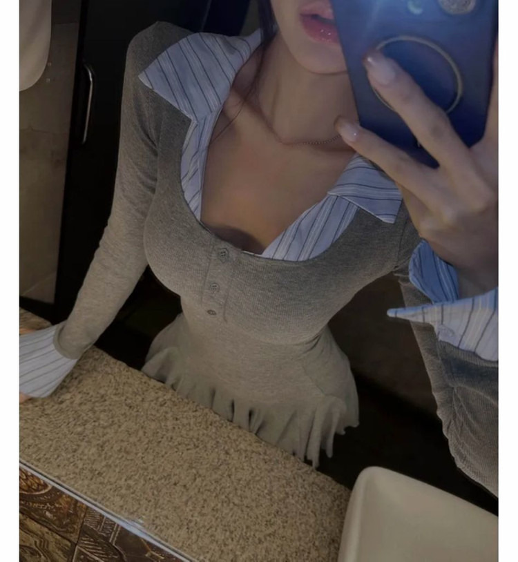 새상품) 커프스 셔츠 레이어드 원피스 에이블리 그레이 이미지