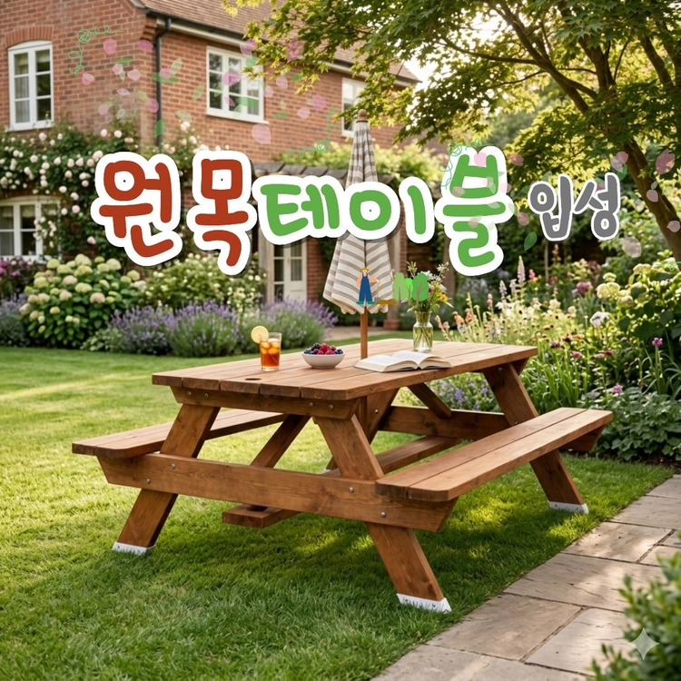 아누기 야외 원목 피크닉 테이블 탁자 벤치 일체형 부패방지 패드 부착 이미지