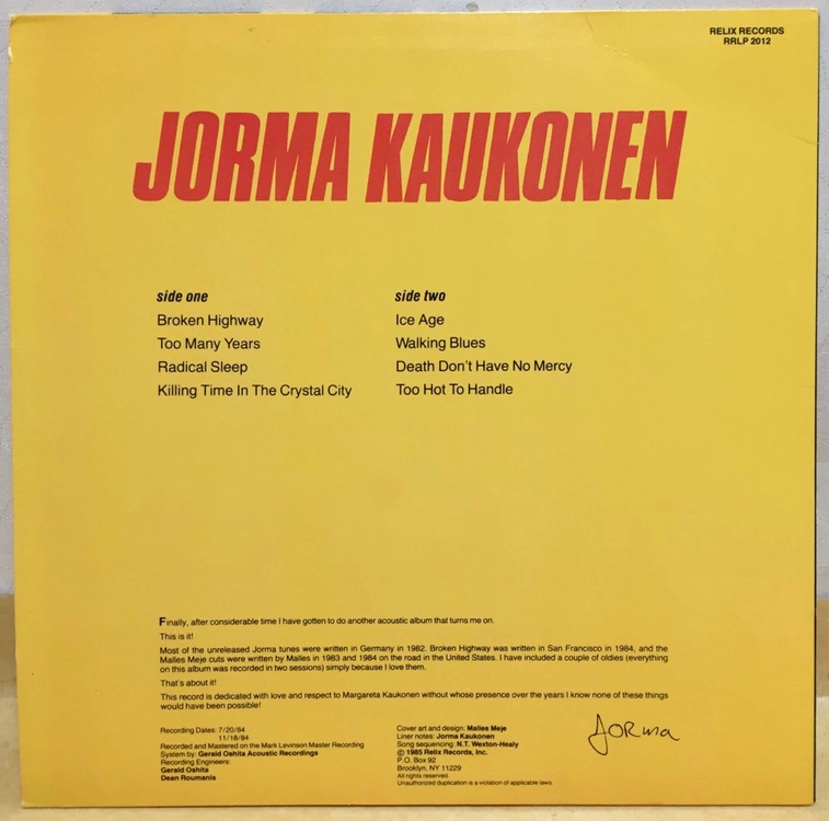 Lp ; jorma kaukonen - too hot to handle 조마 카우코넨 어쿠스틱 블루스 blues 이미지