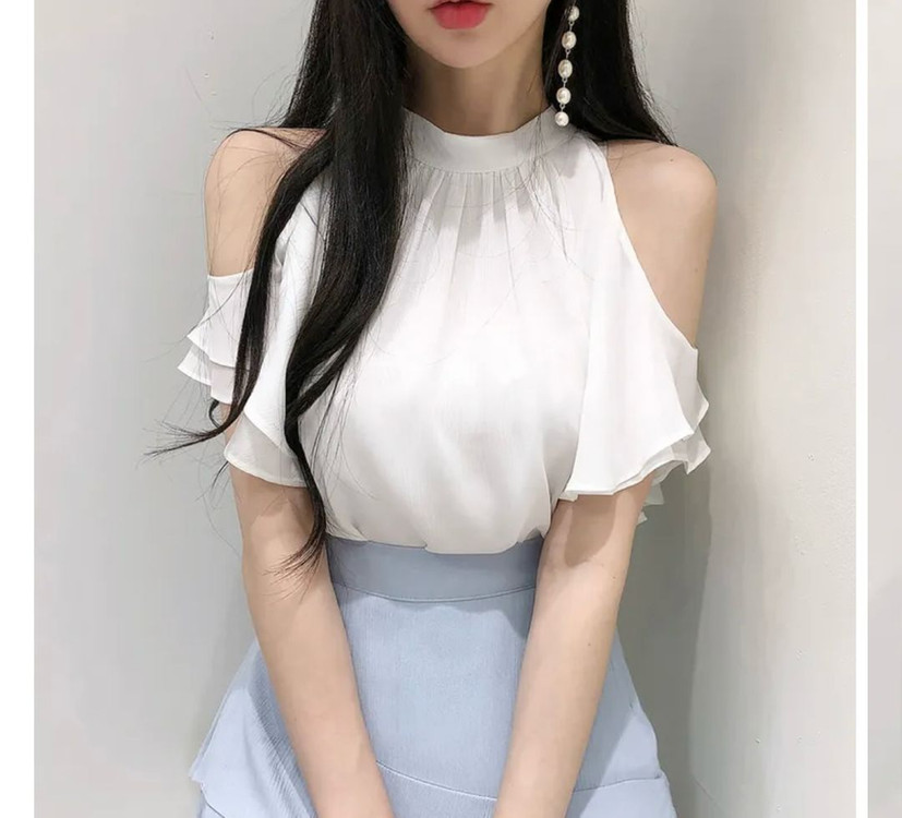 여신 홀터넥 프릴 오프숄더 어깨트임 쉬폰 블라우스 화이트 이미지