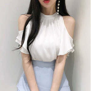 여신 홀터넥 프릴 오프숄더 어깨트임 쉬폰 블라우스 화이트 이미지