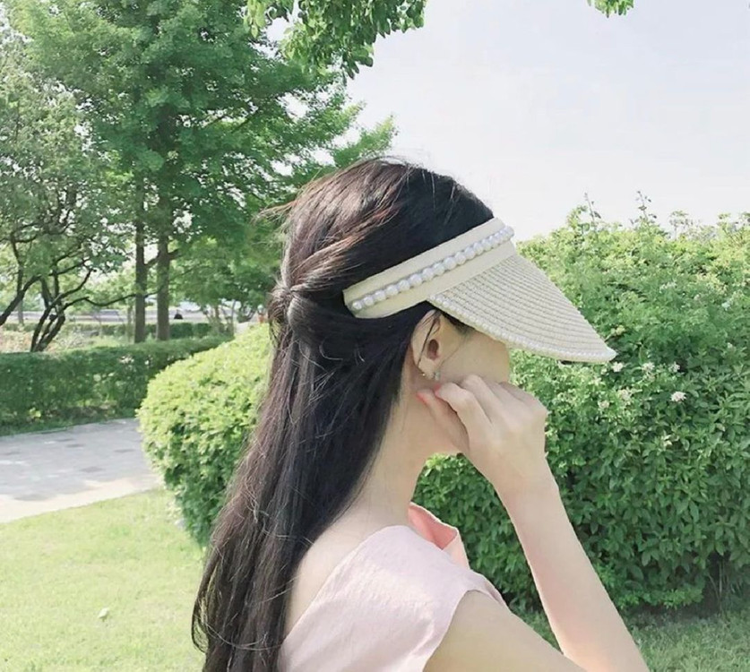 진주 장식 라탄 썬캡 모자 여름 모자 바캉스 모자 이미지